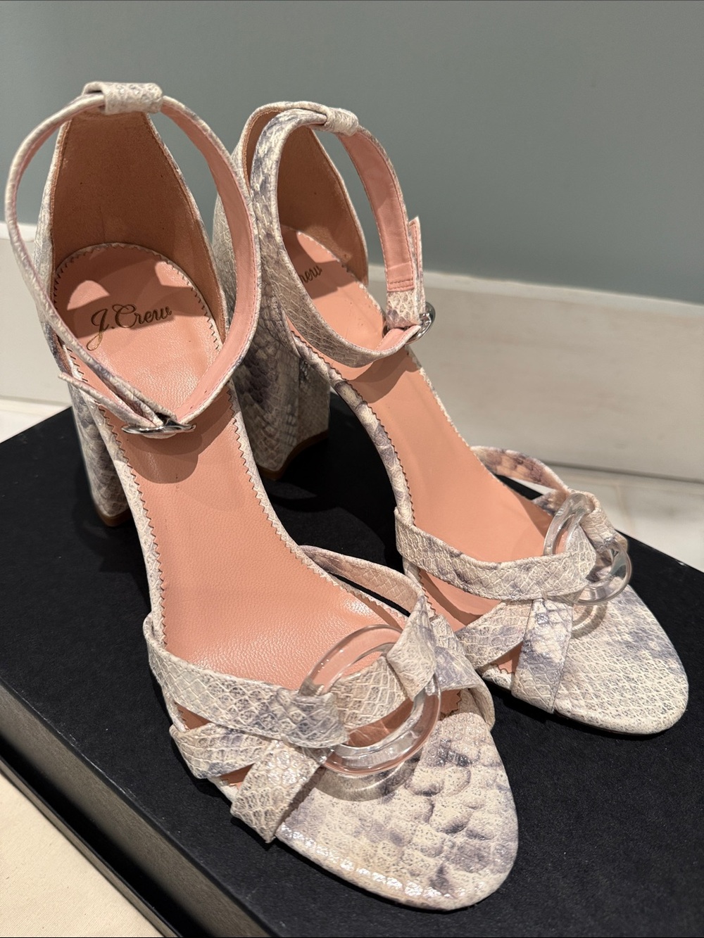J. Crew Ivory Snakeskin Block Heel Sandals with Clear Accent size 9